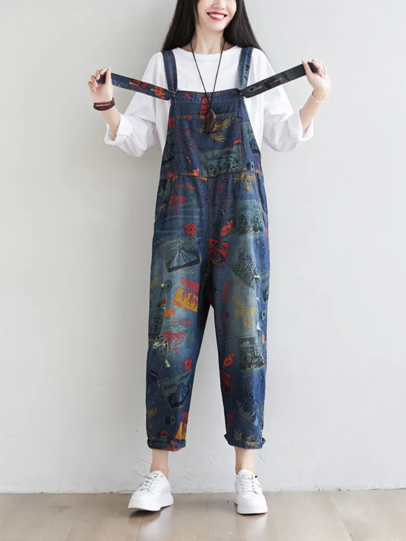 Cute Artist Large Size Denim Overalls Jumpsuit