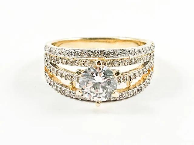 Elegant Multi Layer CZ Band With Center Round CZ Gold Tone Silver Ring