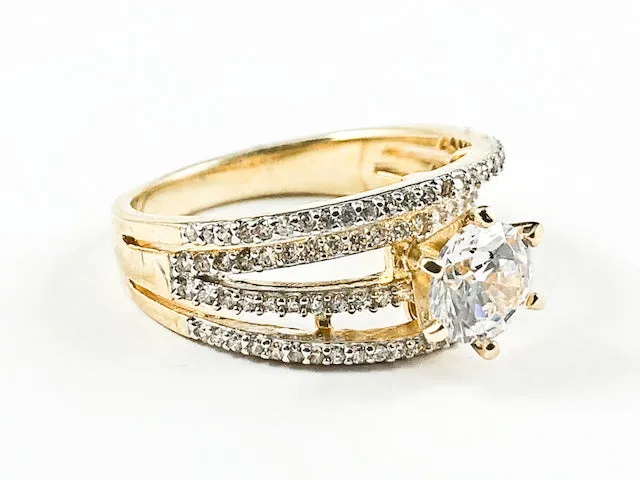 Elegant Multi Layer CZ Band With Center Round CZ Gold Tone Silver Ring