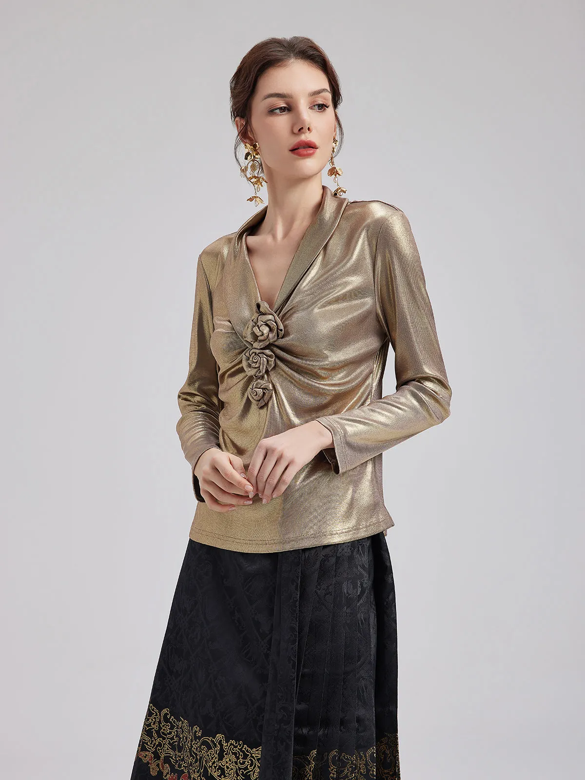 Elegant Rose Pleated V-neck Top