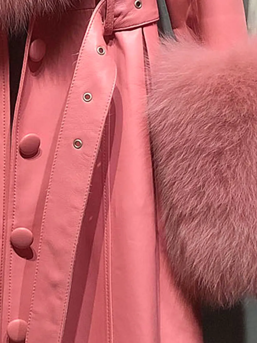 Faux Fur Genuine Leather Coat in Rose Pink