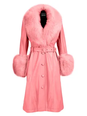 Faux Fur Genuine Leather Coat in Rose Pink