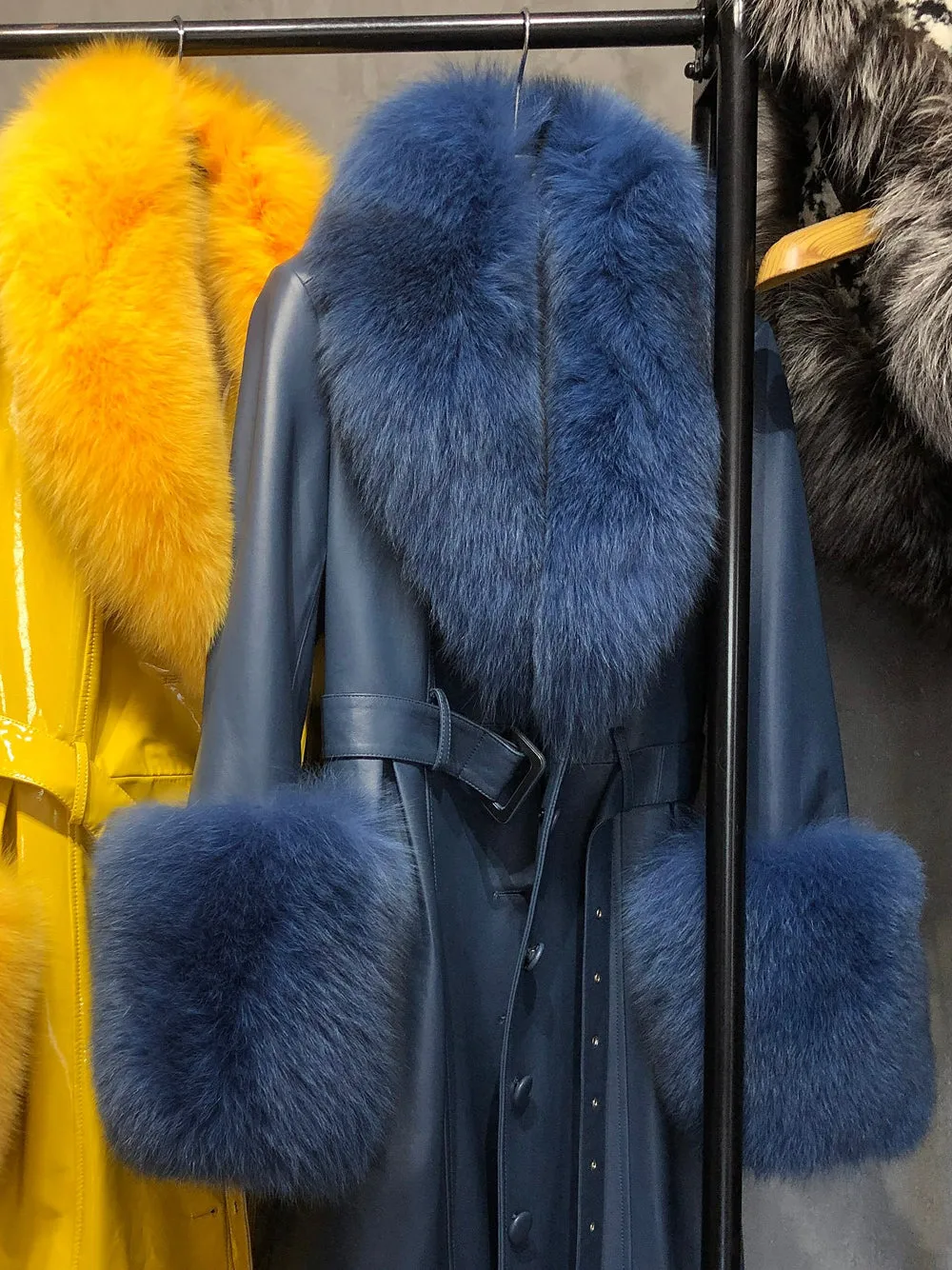 Faux Fur Genuine Leather Coat in Yale Blue