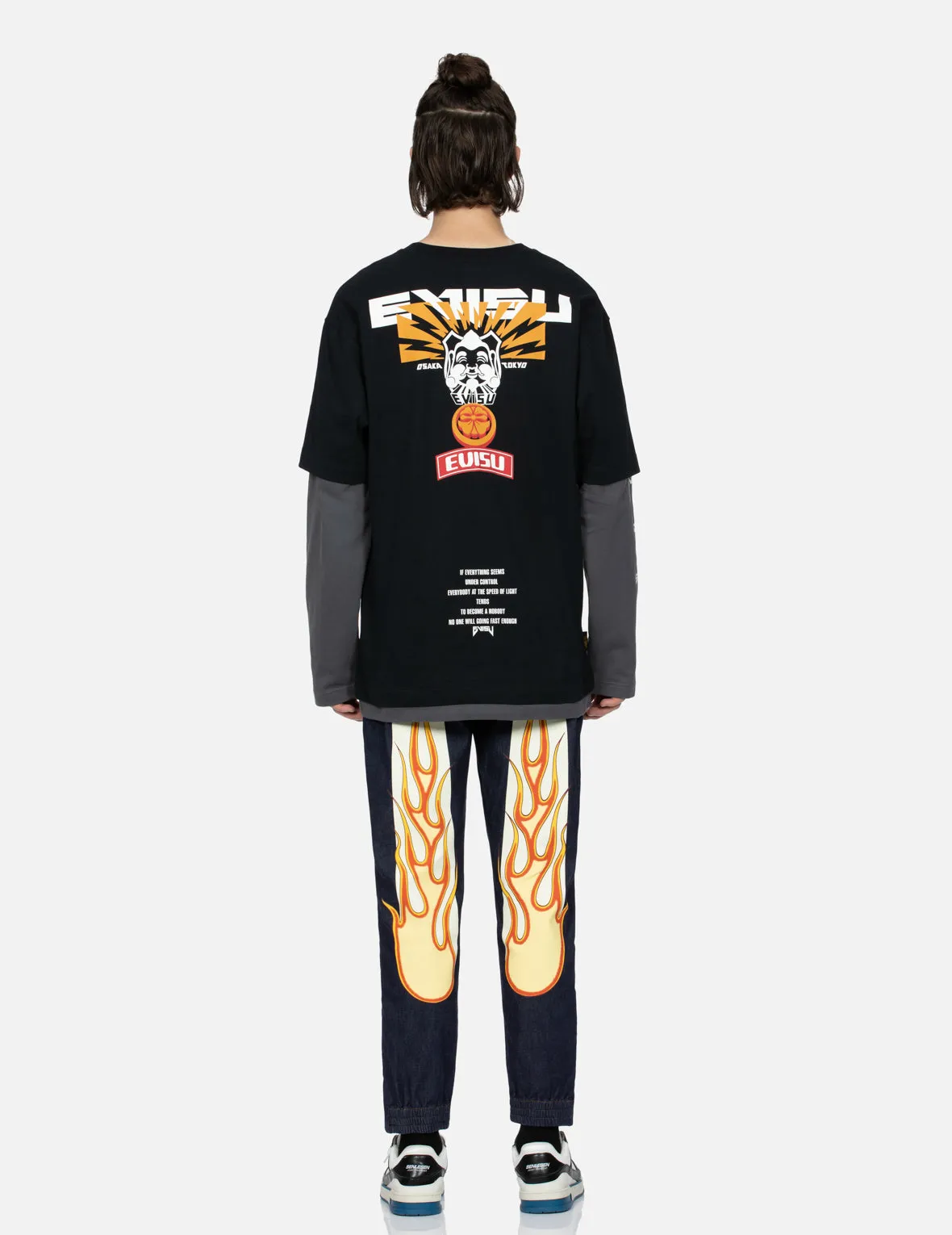 Flame Daicock Print Side Zipped Denim Jogger Pants