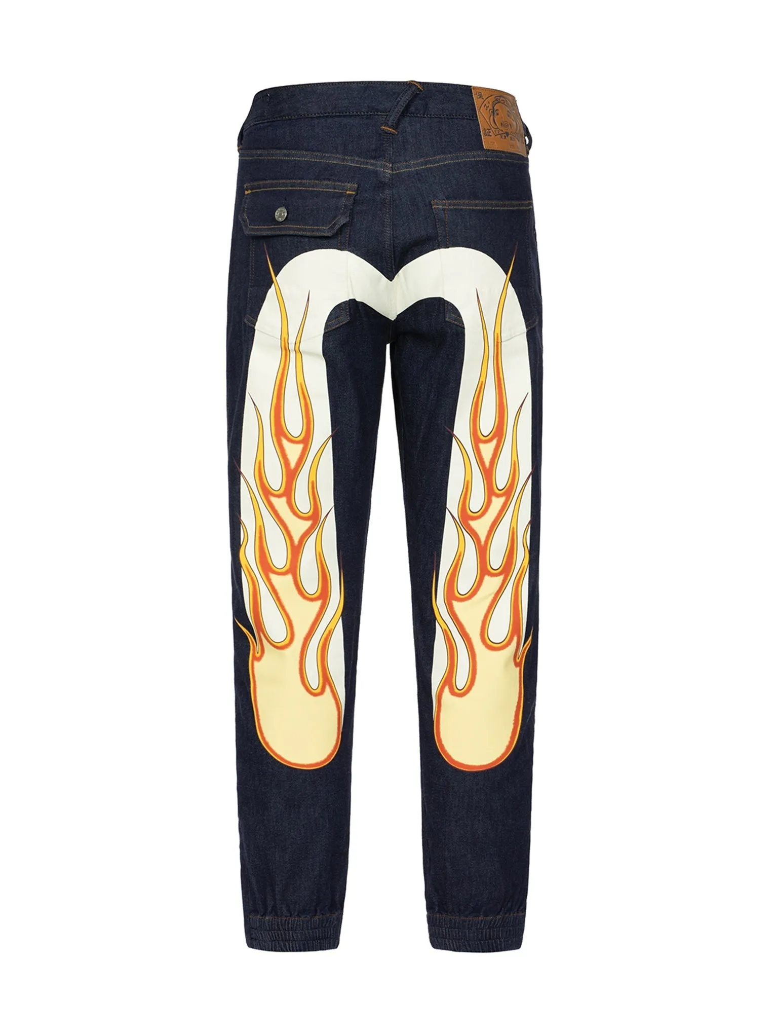 Flame Daicock Print Side Zipped Denim Jogger Pants