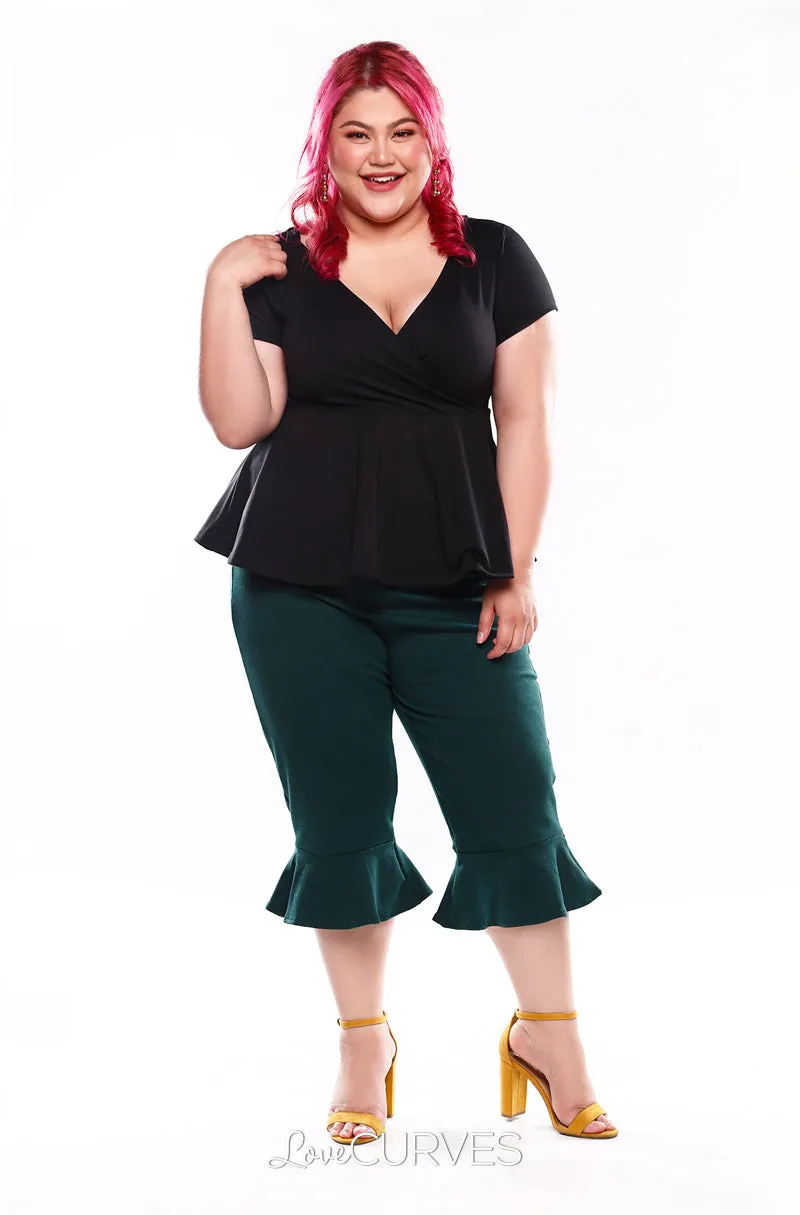 Frill Hem Cropped Pants with Side Pockets - Dark Green - OLI