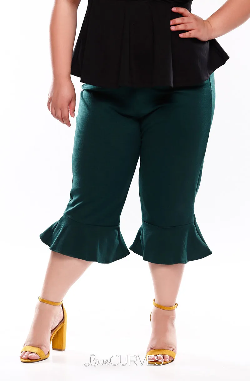 Frill Hem Cropped Pants with Side Pockets - Dark Green - OLI