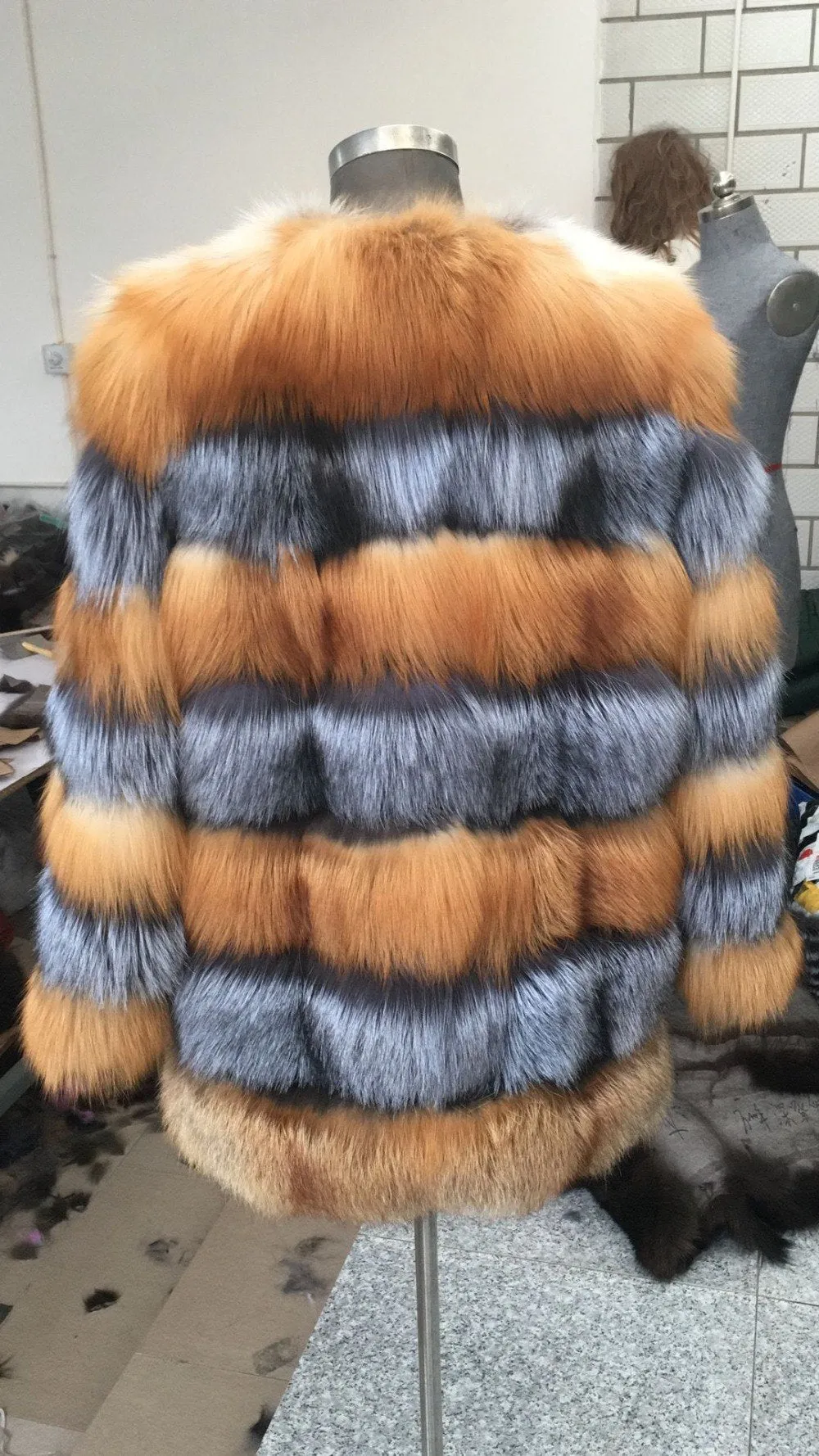 Genuine Natural Real Fur Red & Silver Fox Fur Coat