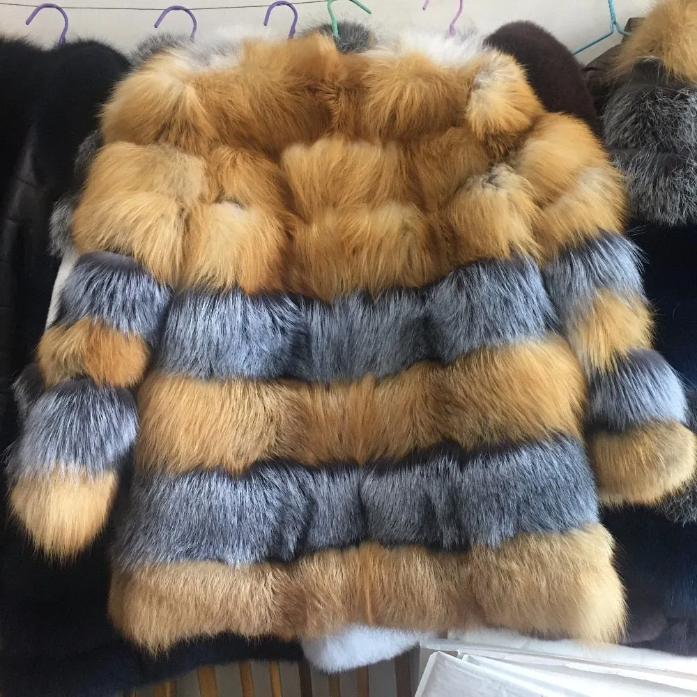 Genuine Natural Real Fur Red & Silver Fox Fur Coat