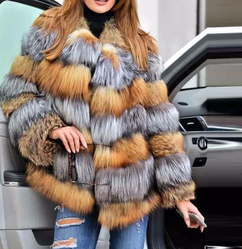 Genuine Natural Real Fur Red & Silver Fox Fur Coat