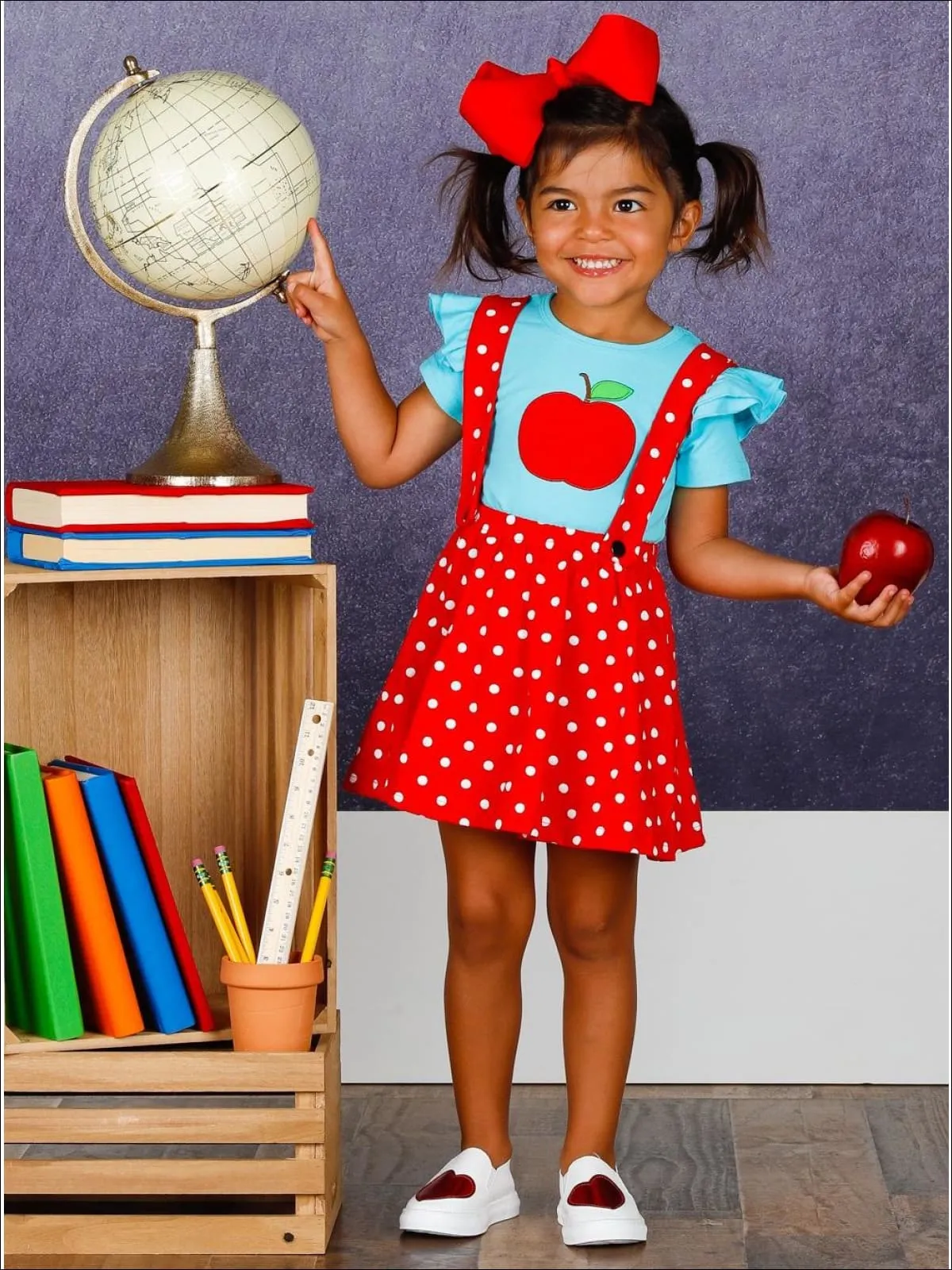 Girls Blue Flutter Sleeve Apple Print Top and Polka Dot Overall Dress Set