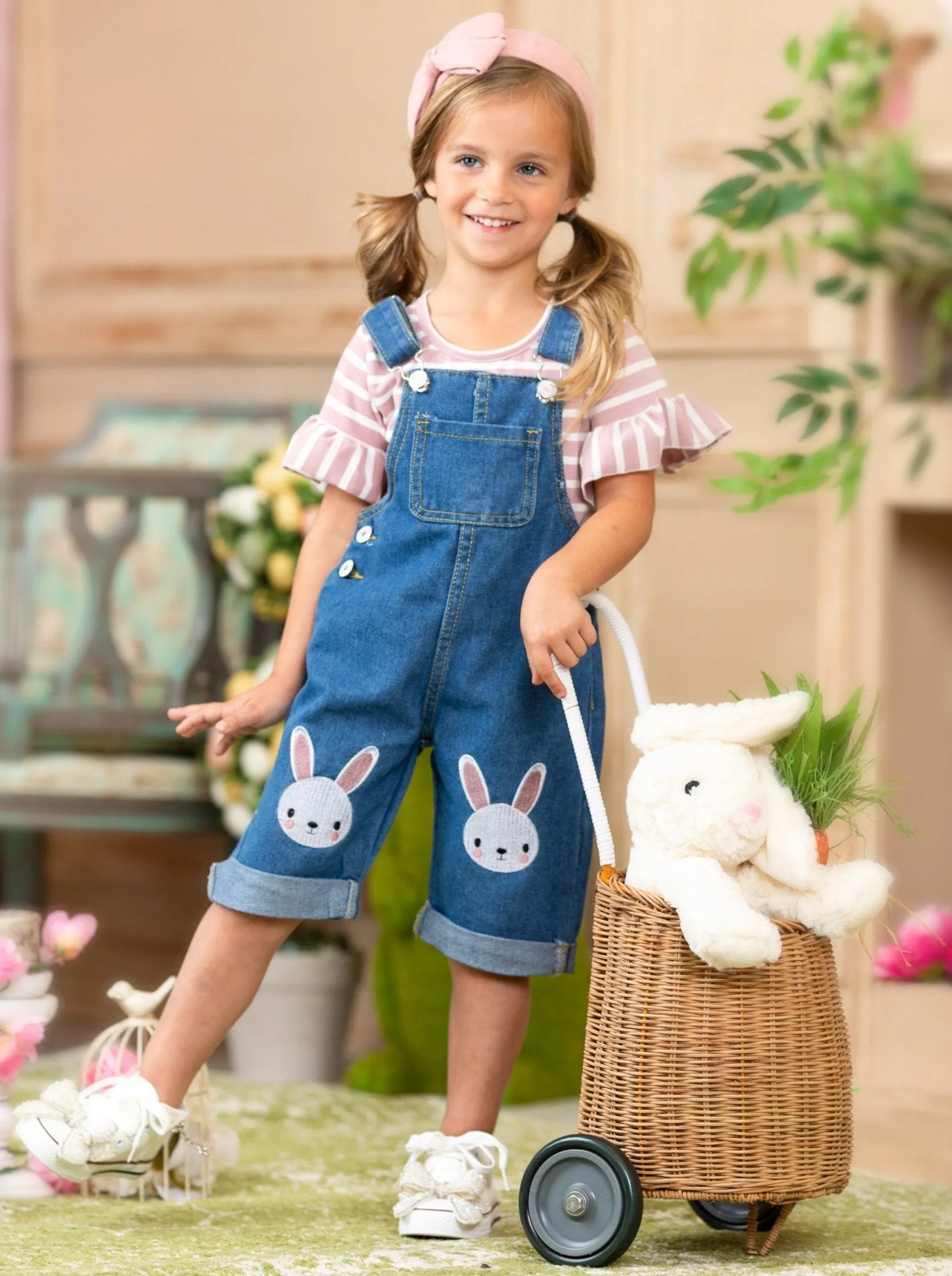 Girls Carefree Days Top with Denim Overall Easter Set