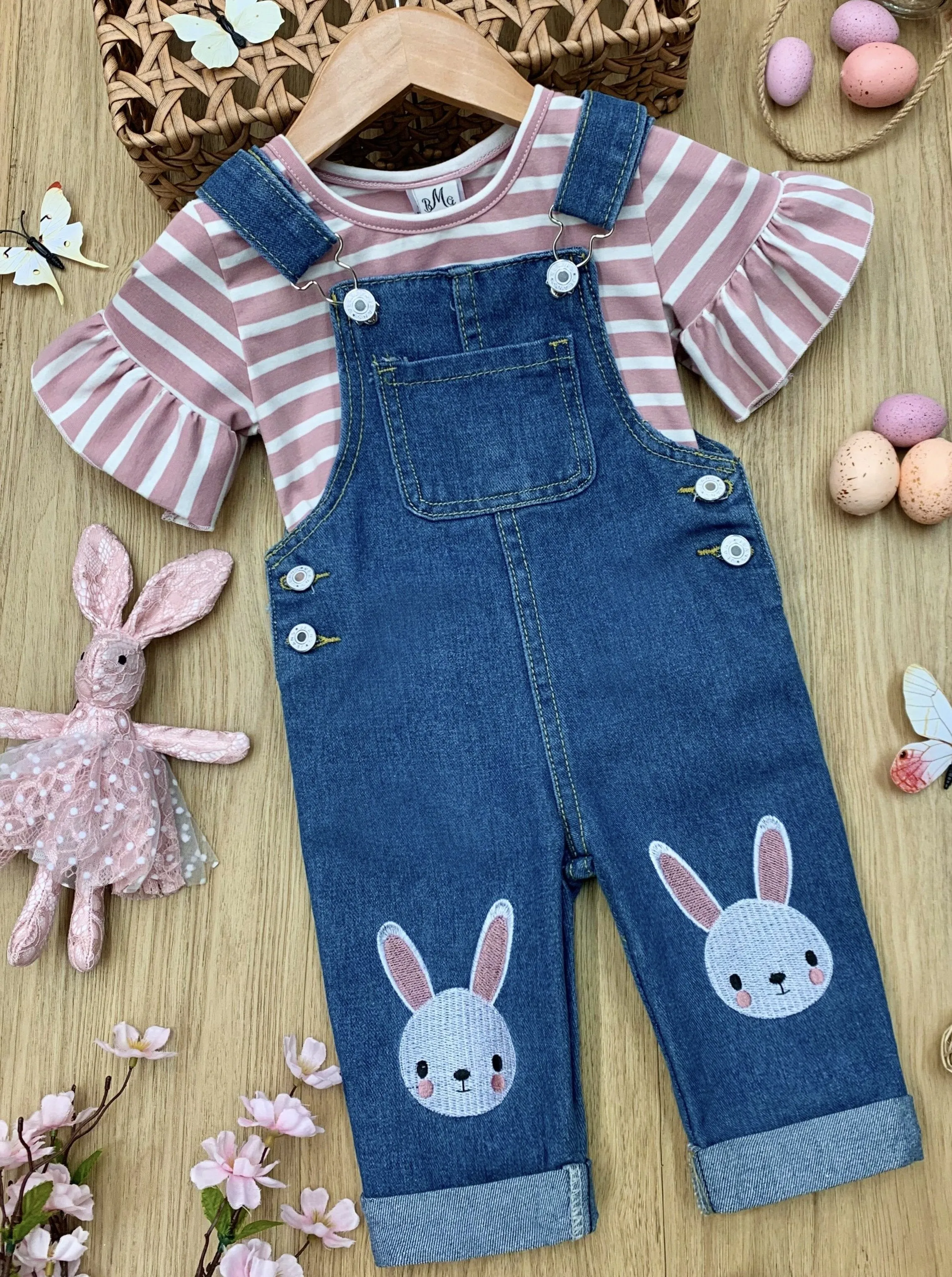 Girls Carefree Days Top with Denim Overall Easter Set