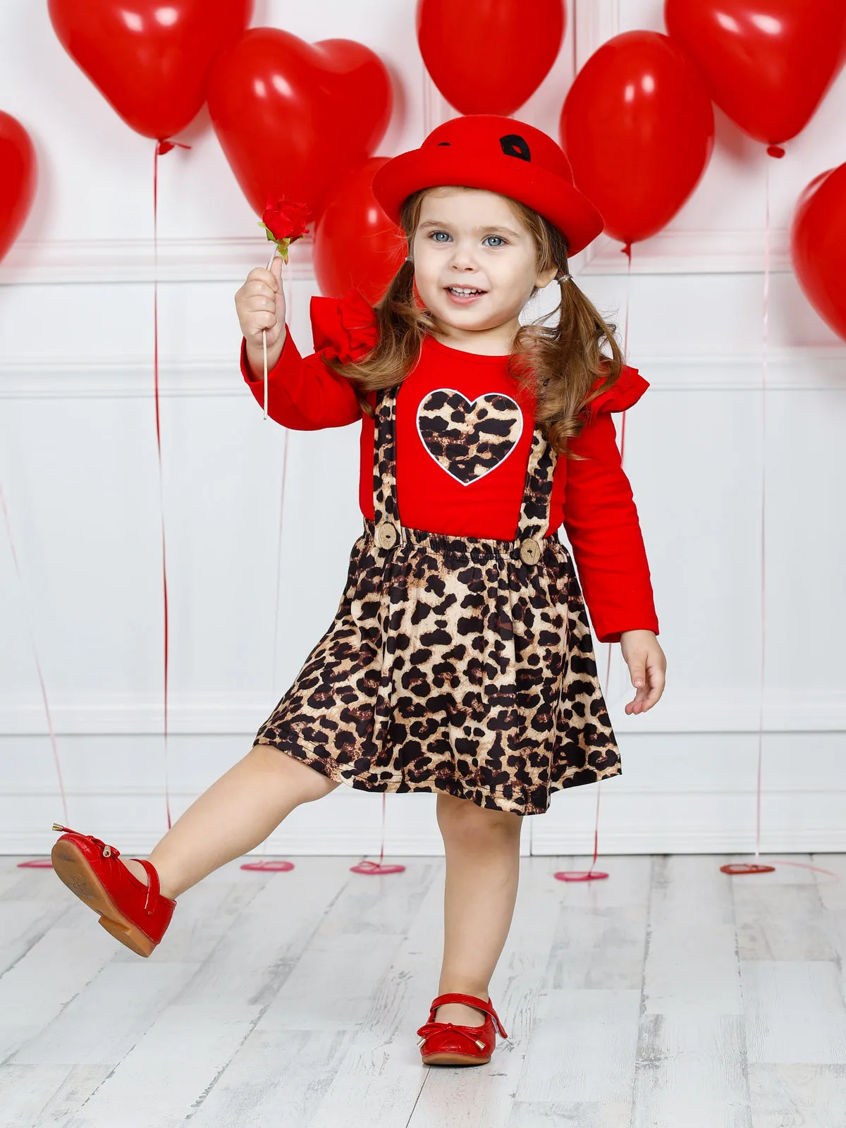 Girls Untamed Heart Animal Print Long Sleeve Shirt and Pinafore Skirt Set