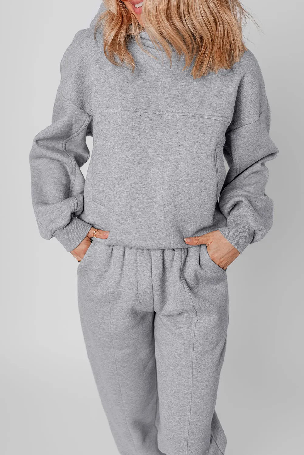 Gray Solid Exposed Seams Hoodie and Joggers Activewear Set