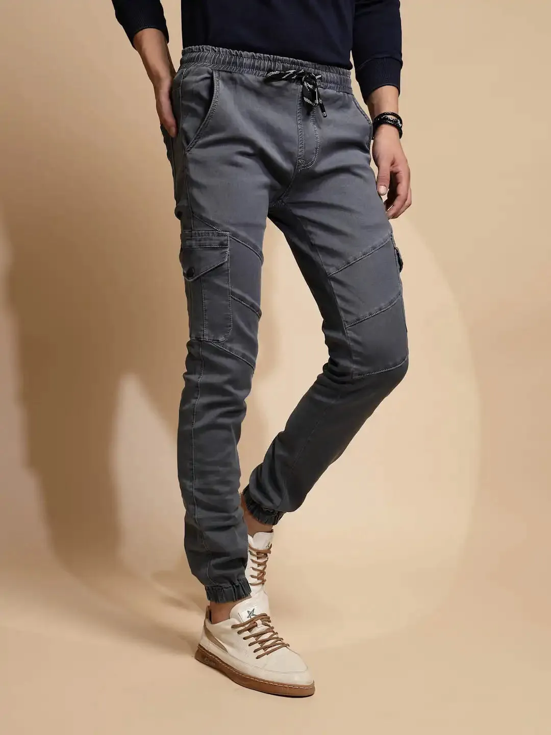 Grey Mid Rise Cotton Blend Jogger