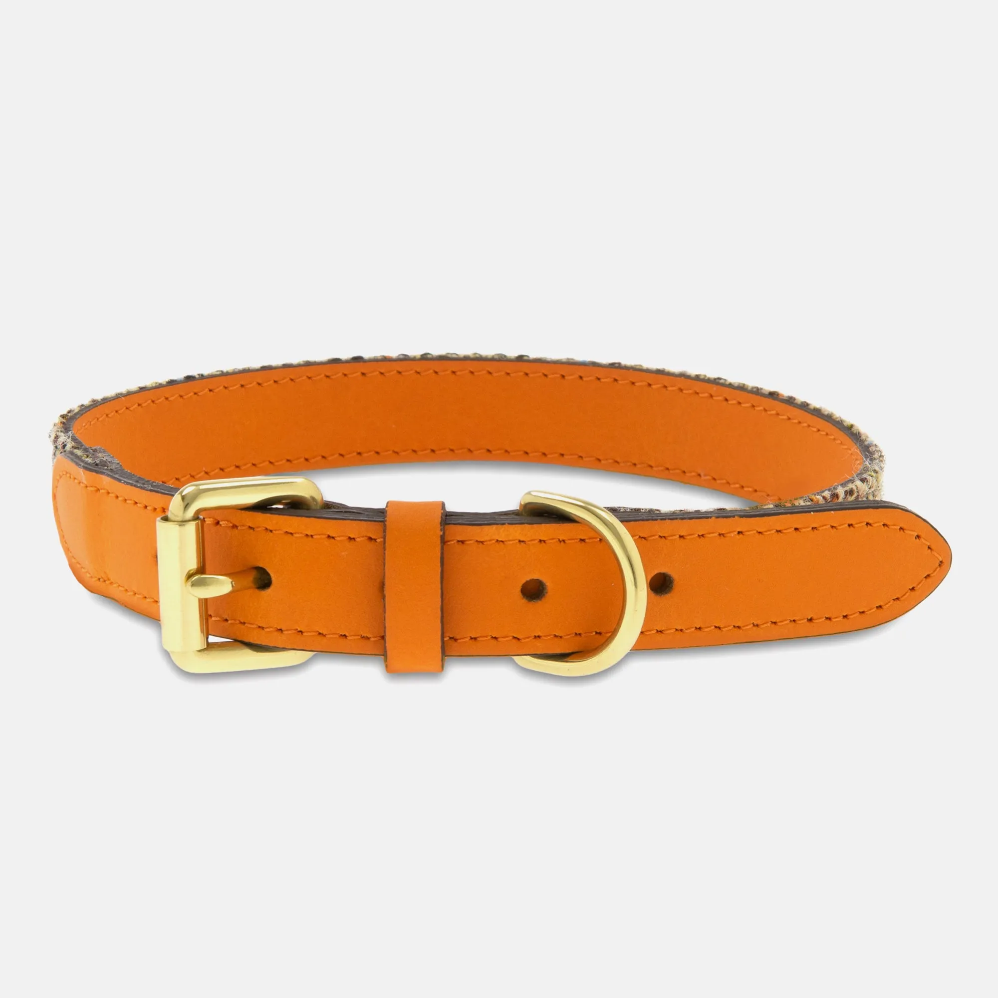 Herringbone Tweed & Orange Leather Dog Collar (37-45cm)