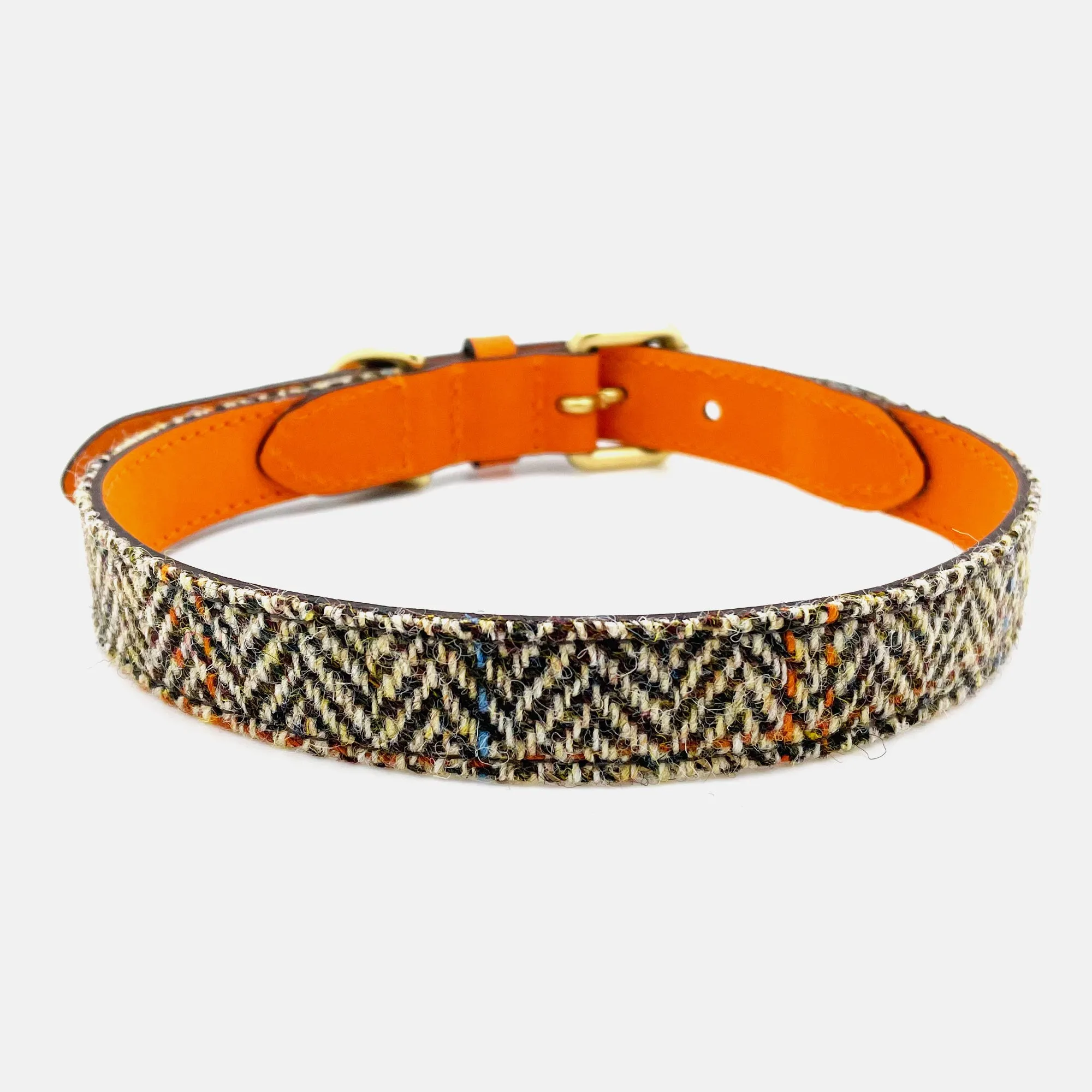 Herringbone Tweed & Orange Leather Dog Collar (37-45cm)