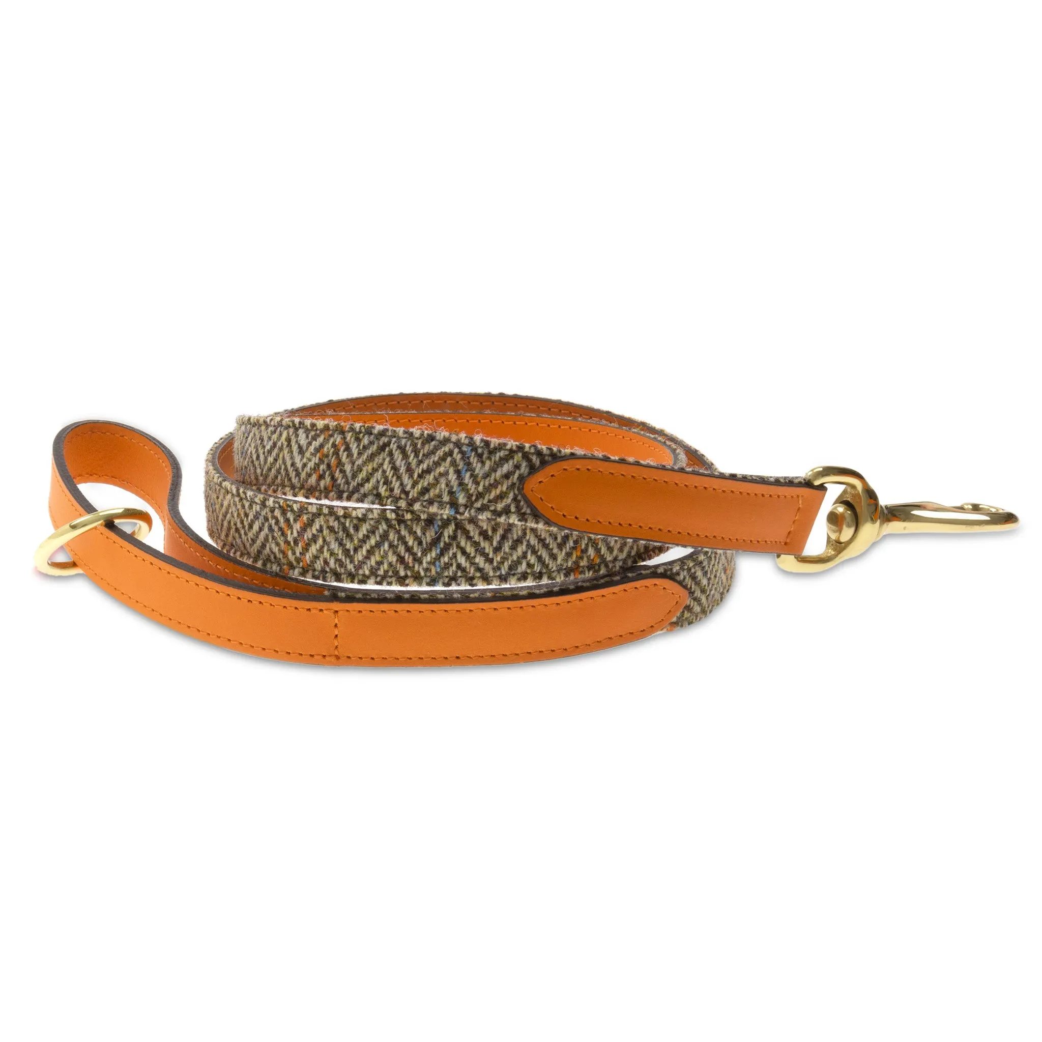 Herringbone Tweed & Orange Leather Dog Collar (37-45cm)