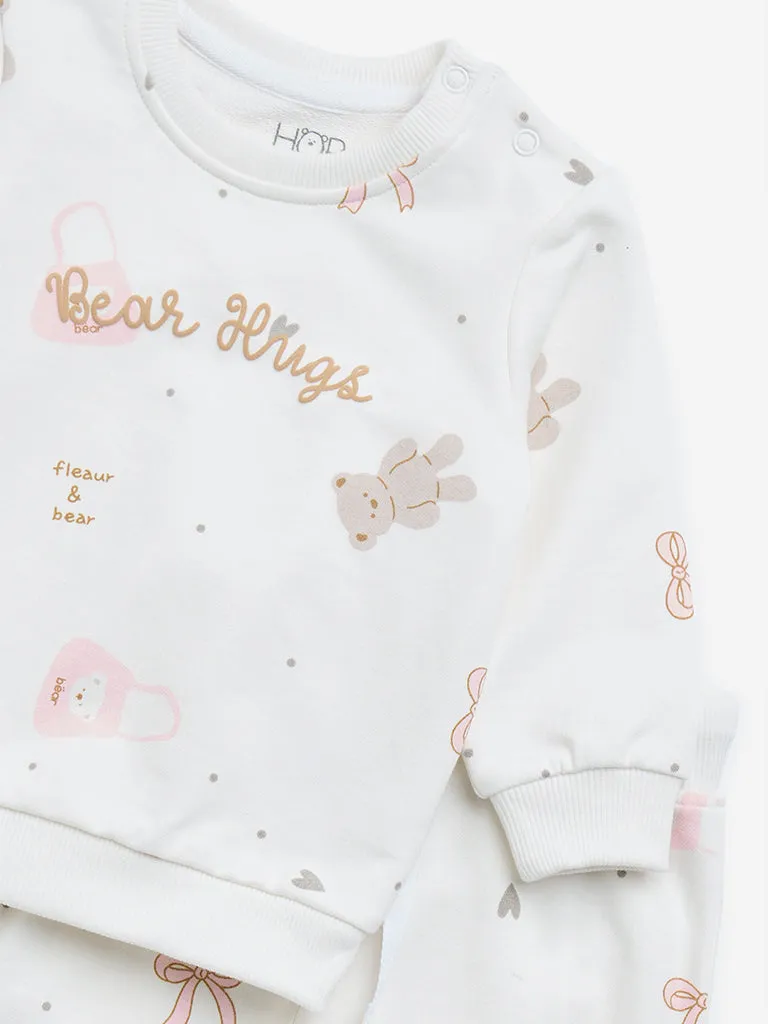 HOP Baby Off-White Printed Cotton Sweatshirt & Joggers Set