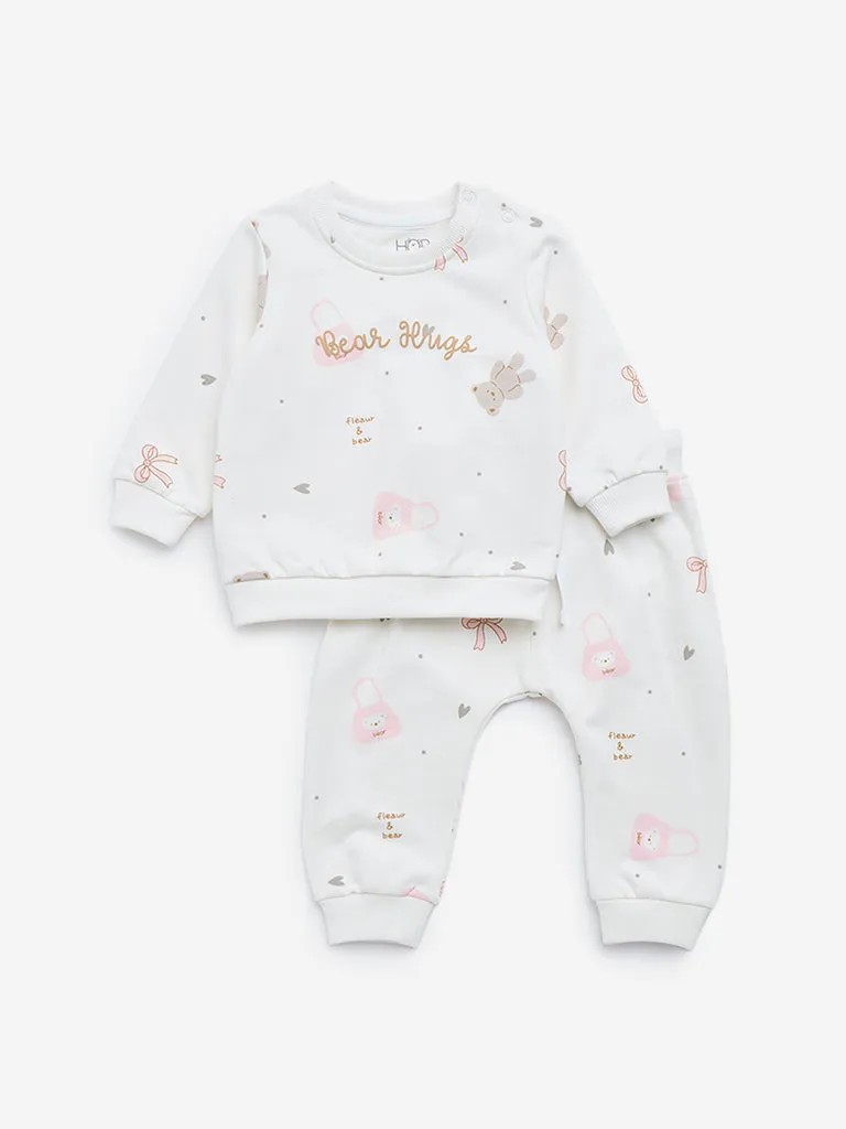 HOP Baby Off-White Printed Cotton Sweatshirt & Joggers Set