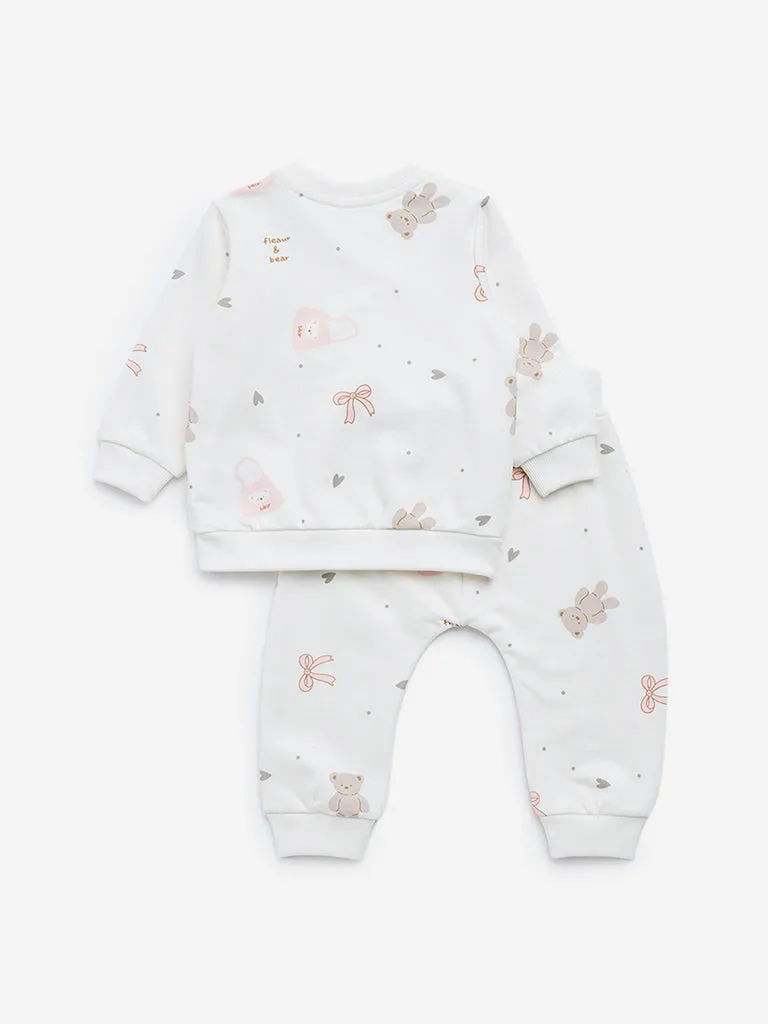 HOP Baby Off-White Printed Cotton Sweatshirt & Joggers Set