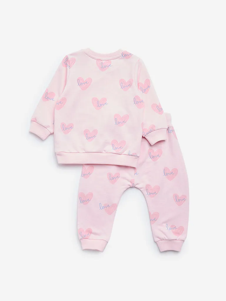 HOP Baby Pink Heart Print Cotton Sweatshirt & Joggers Set