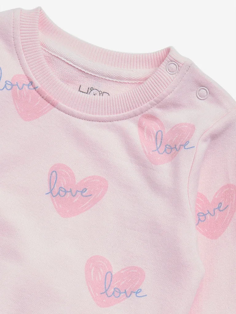 HOP Baby Pink Heart Print Cotton Sweatshirt & Joggers Set