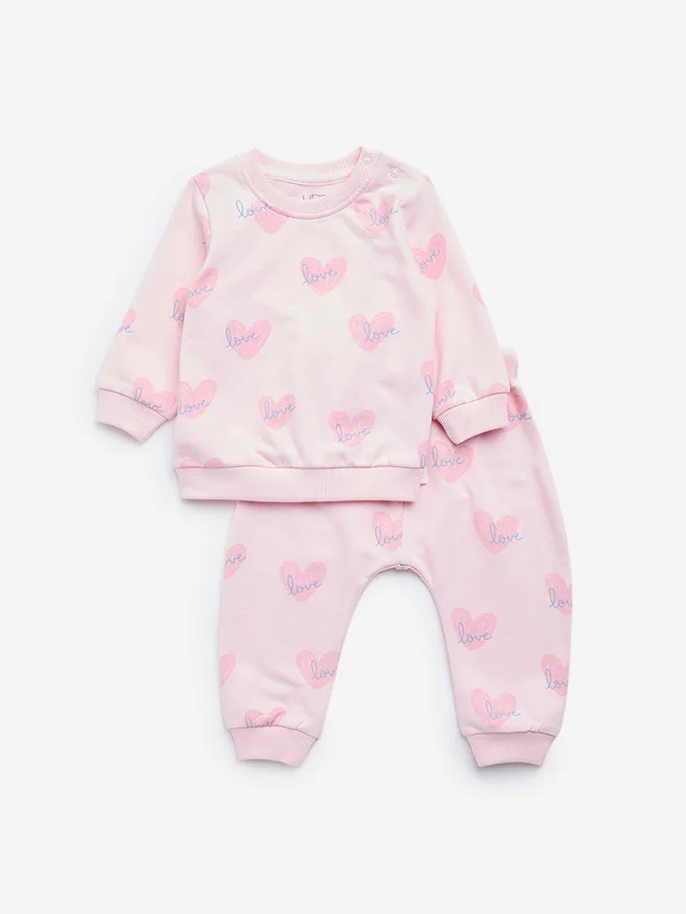 HOP Baby Pink Heart Print Cotton Sweatshirt & Joggers Set