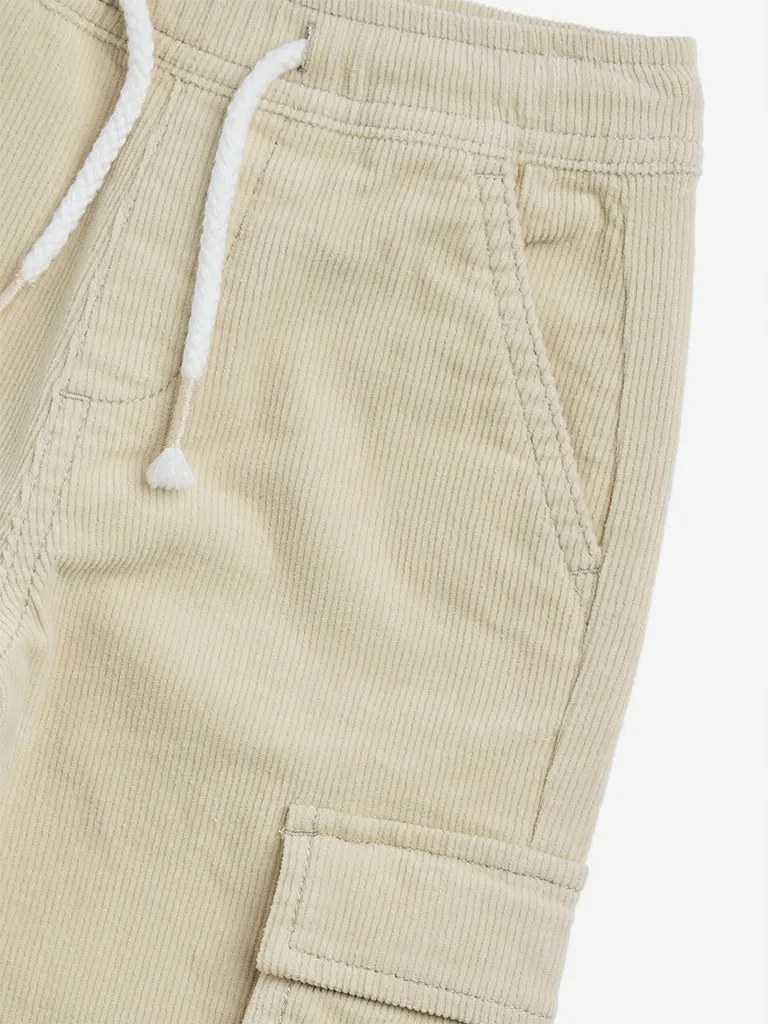 HOP Kids Beige Cargo-Style Corduroy Mid-Rise Cotton Blend Joggers