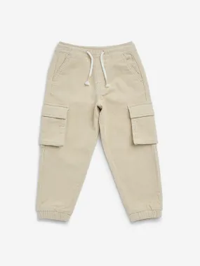 HOP Kids Beige Cargo-Style Corduroy Mid-Rise Cotton Blend Joggers