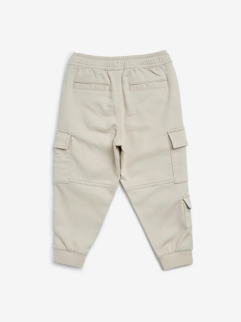 HOP Kids Beige Cargo-Style Mid-Rise Cotton Blend Joggers