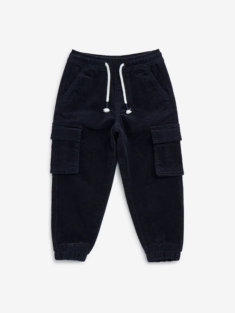 HOP Kids Navy Cargo-Style Corduroy Mid-Rise Cotton Blend Joggers