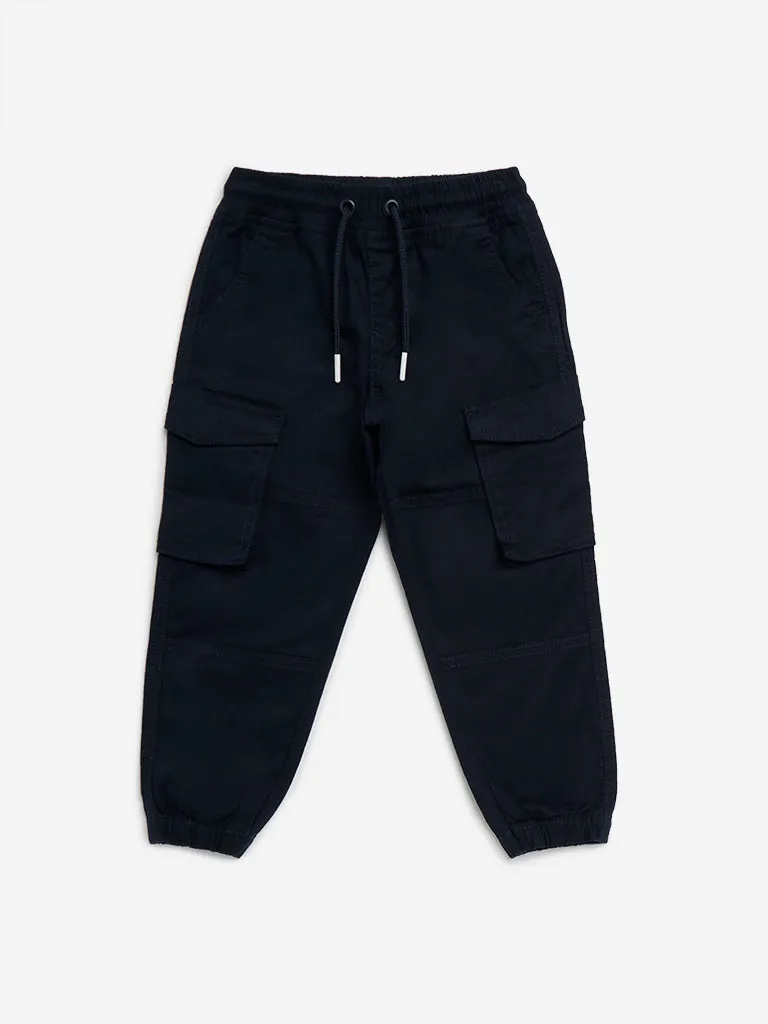 HOP Kids Navy Cargo-Style Relaxed-Fit Mid-Rise Cotton Blend Joggers