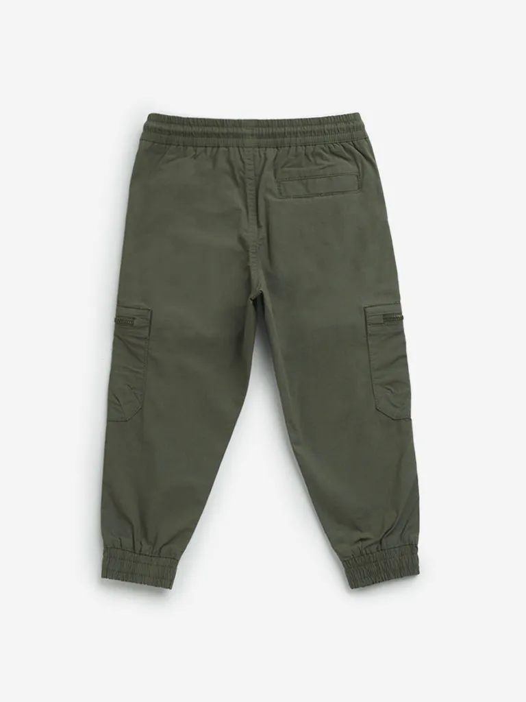 HOP Kids Olive Mid-Rise Cotton Blend Cargo Joggers