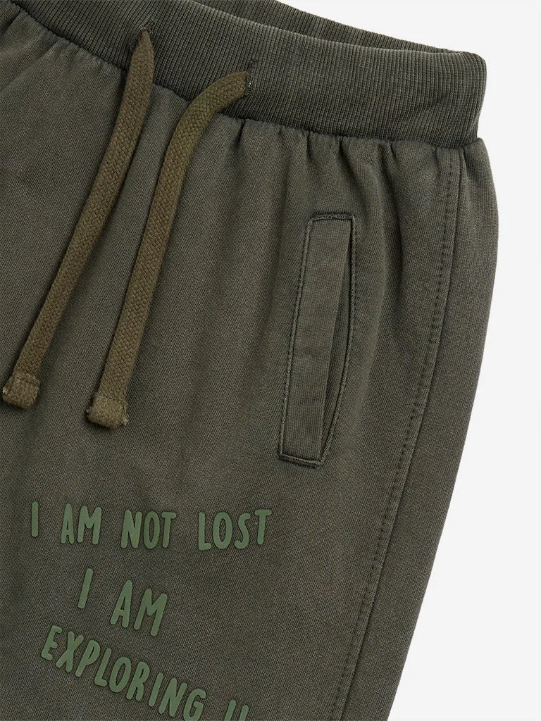 HOP Kids Olive Text Printed Mid-Rise Cotton Joggers