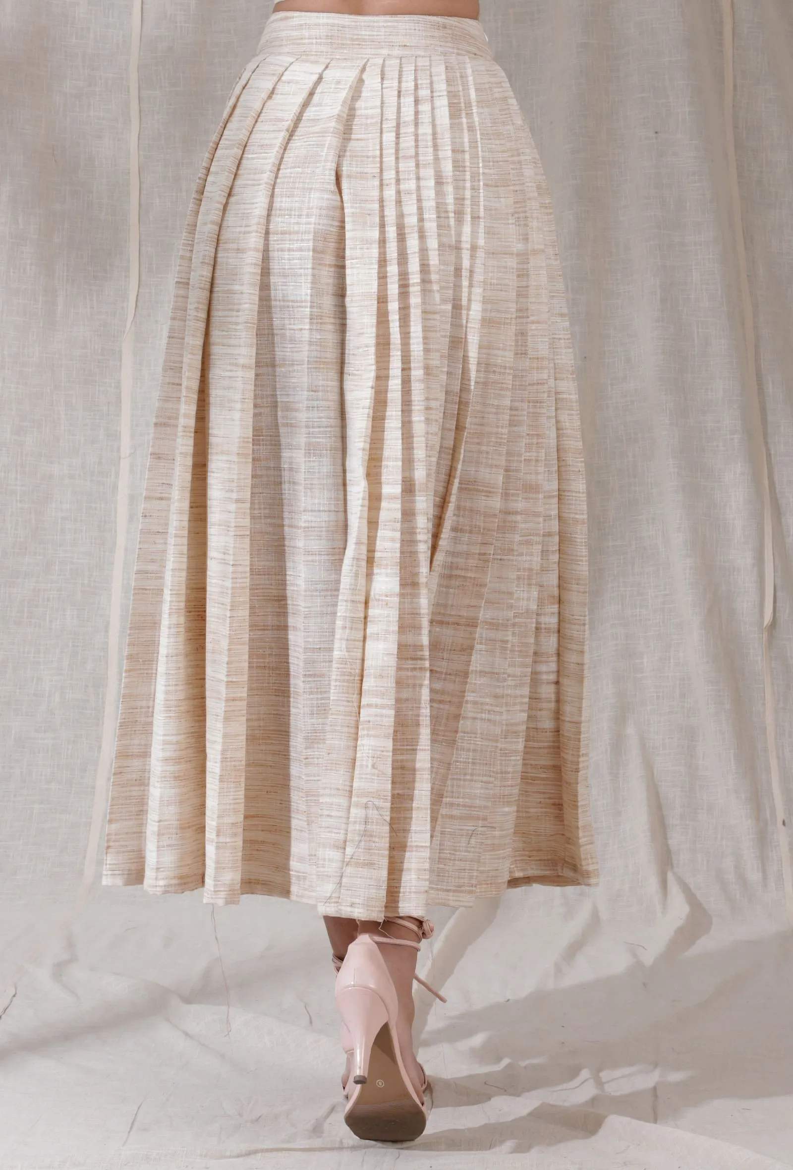 Ivory tan color khadi pleated flared ankle length skirt