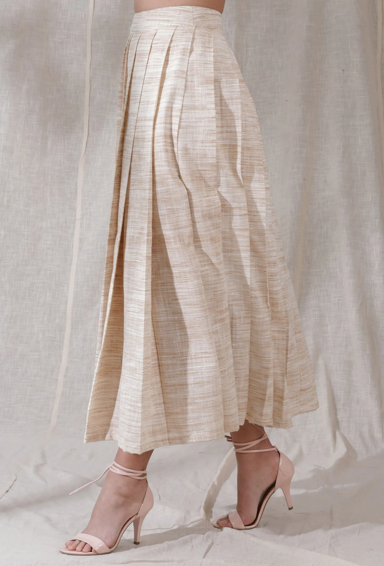 Ivory tan color khadi pleated flared ankle length skirt