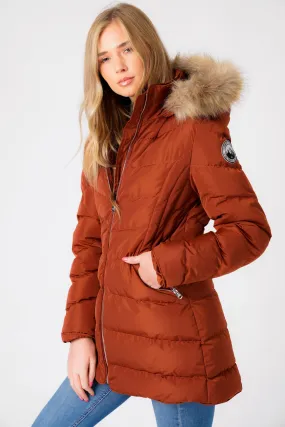 Jaboris Fur Funnel Neck Longline Quilted Puffer Coat in Paprika - Tokyo Laundry