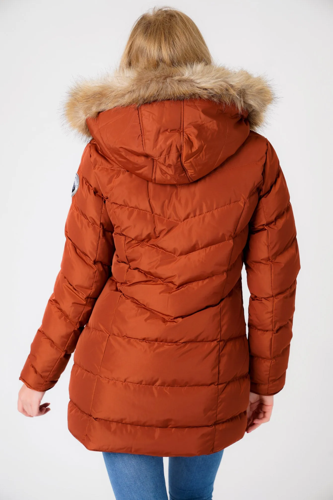 Jaboris Fur Funnel Neck Longline Quilted Puffer Coat in Paprika - Tokyo Laundry