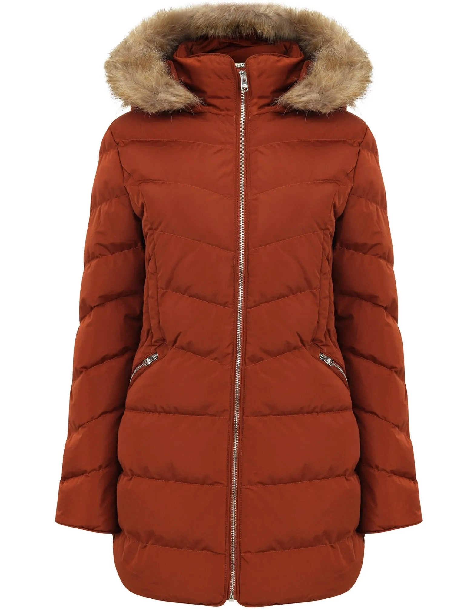 Jaboris Fur Funnel Neck Longline Quilted Puffer Coat in Paprika - Tokyo Laundry