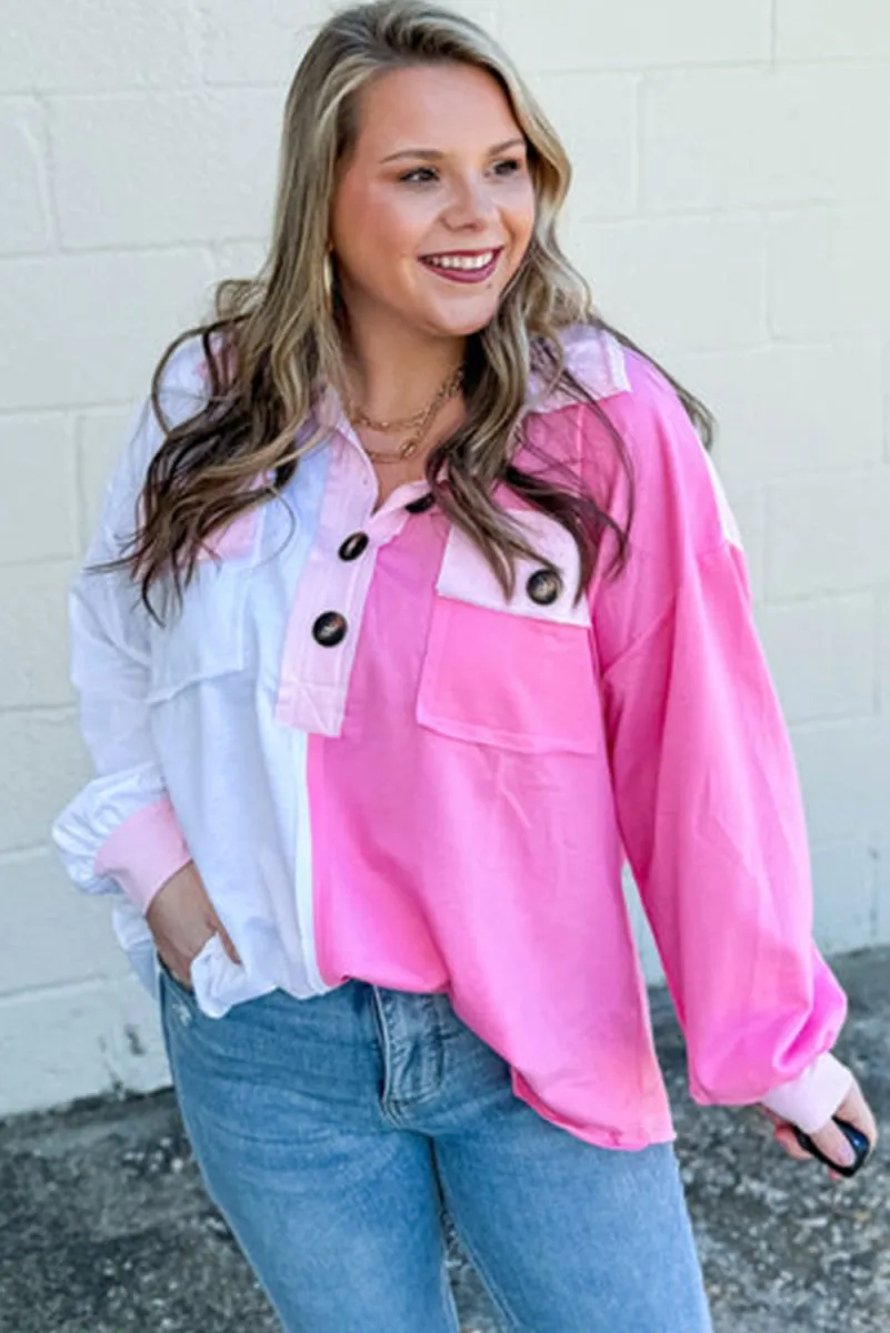 Jenny Pink Half Button Plus Size Sweatshirt