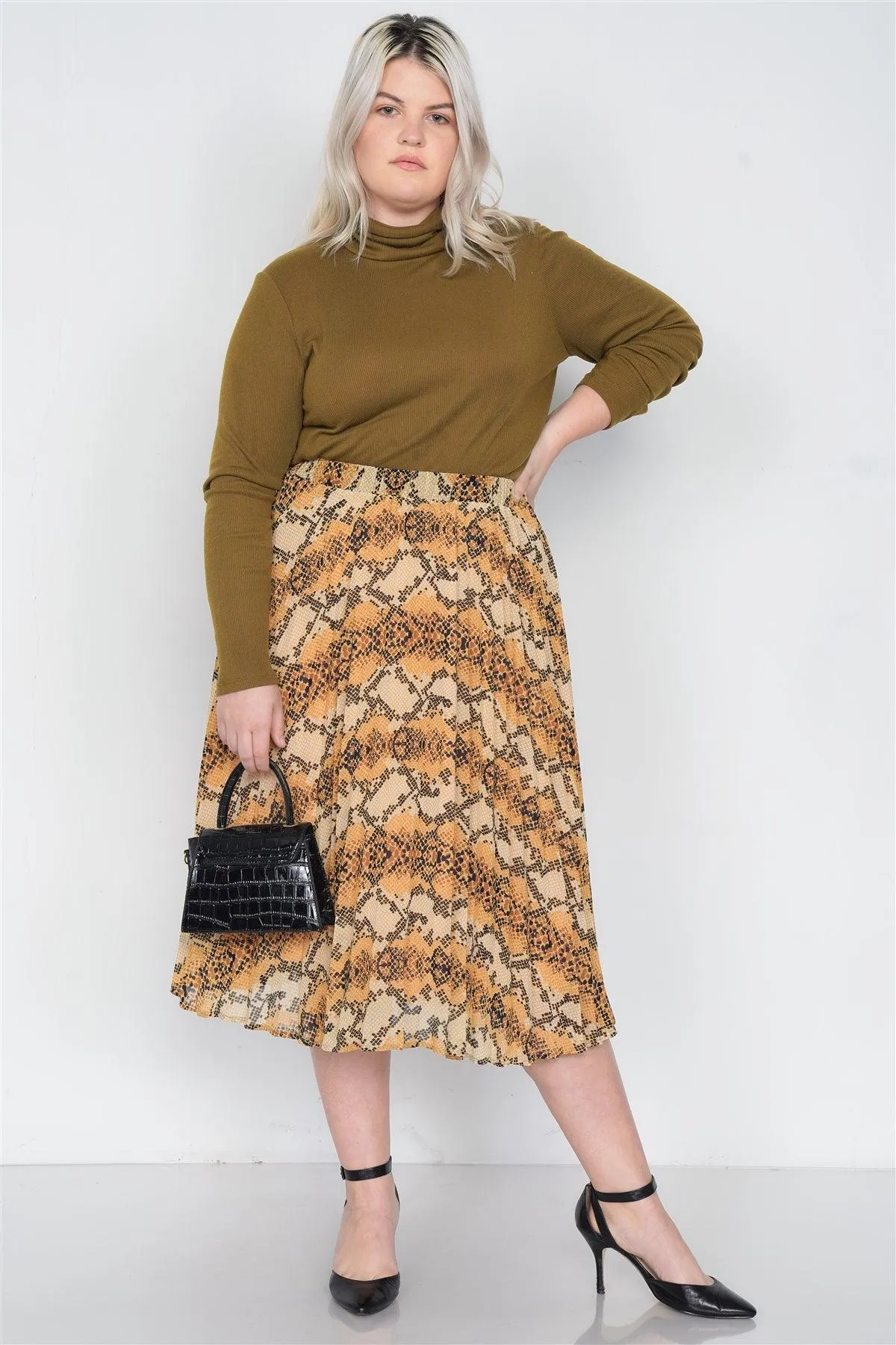 Junior Plus Size Yellow Brown Pleated Animal Print Chic Midi Skirt  /1-1-2-1