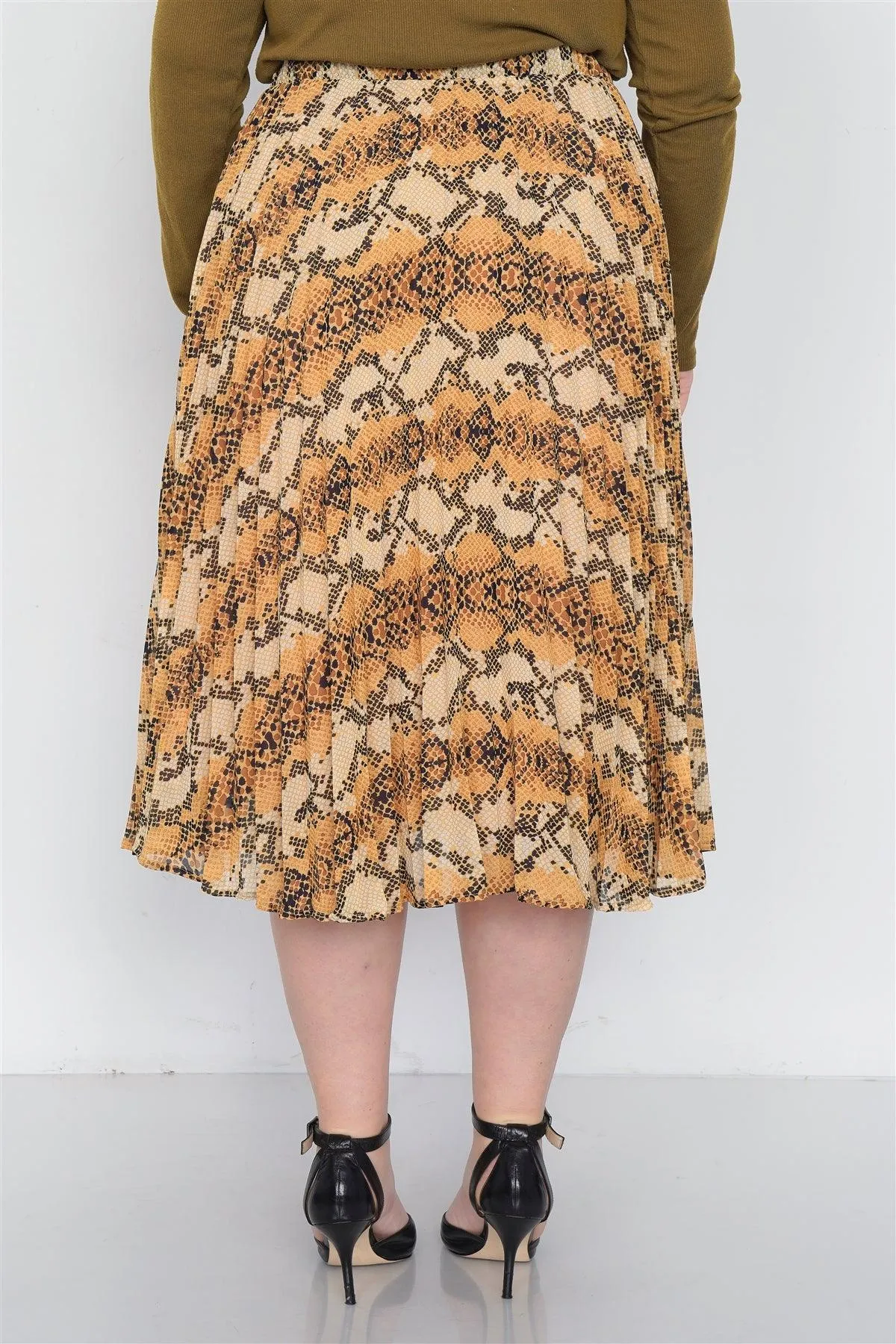 Junior Plus Size Yellow Brown Pleated Animal Print Chic Midi Skirt  /1-1-2-1