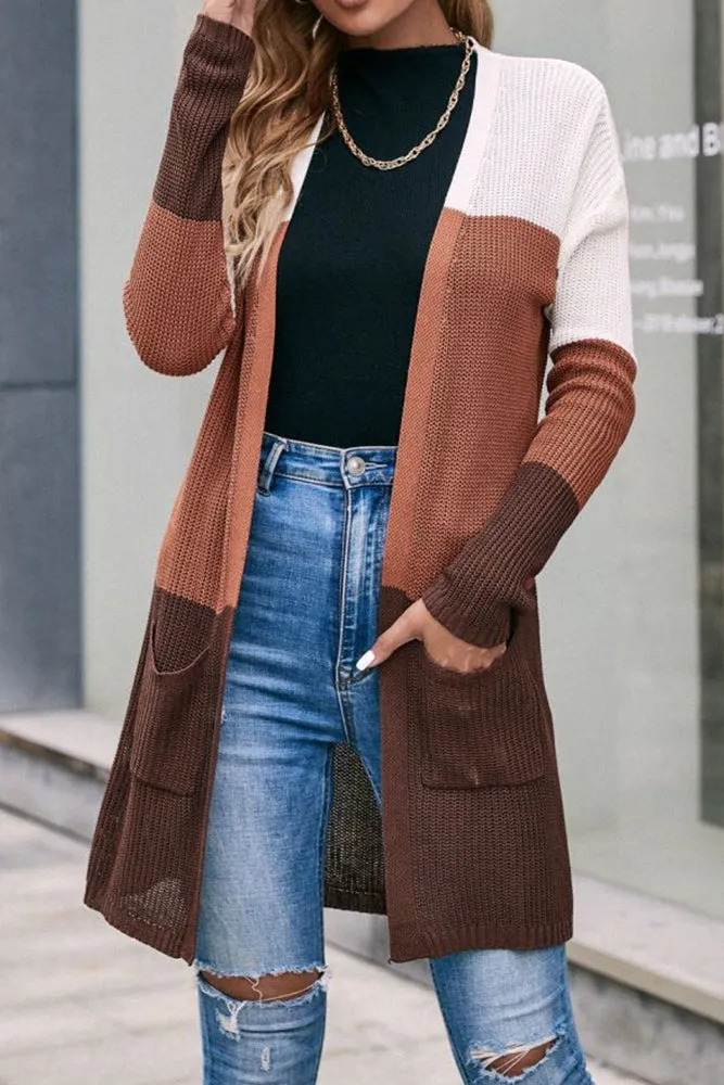 Latte Color Block Pocket Long Open Cardigans