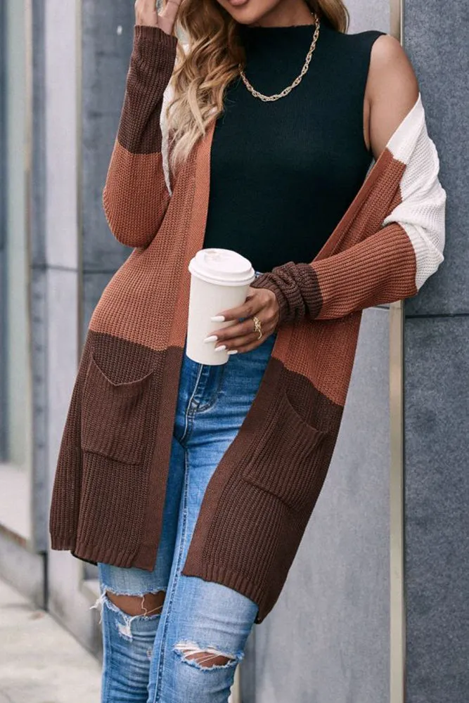 Latte Color Block Pocket Long Open Cardigans