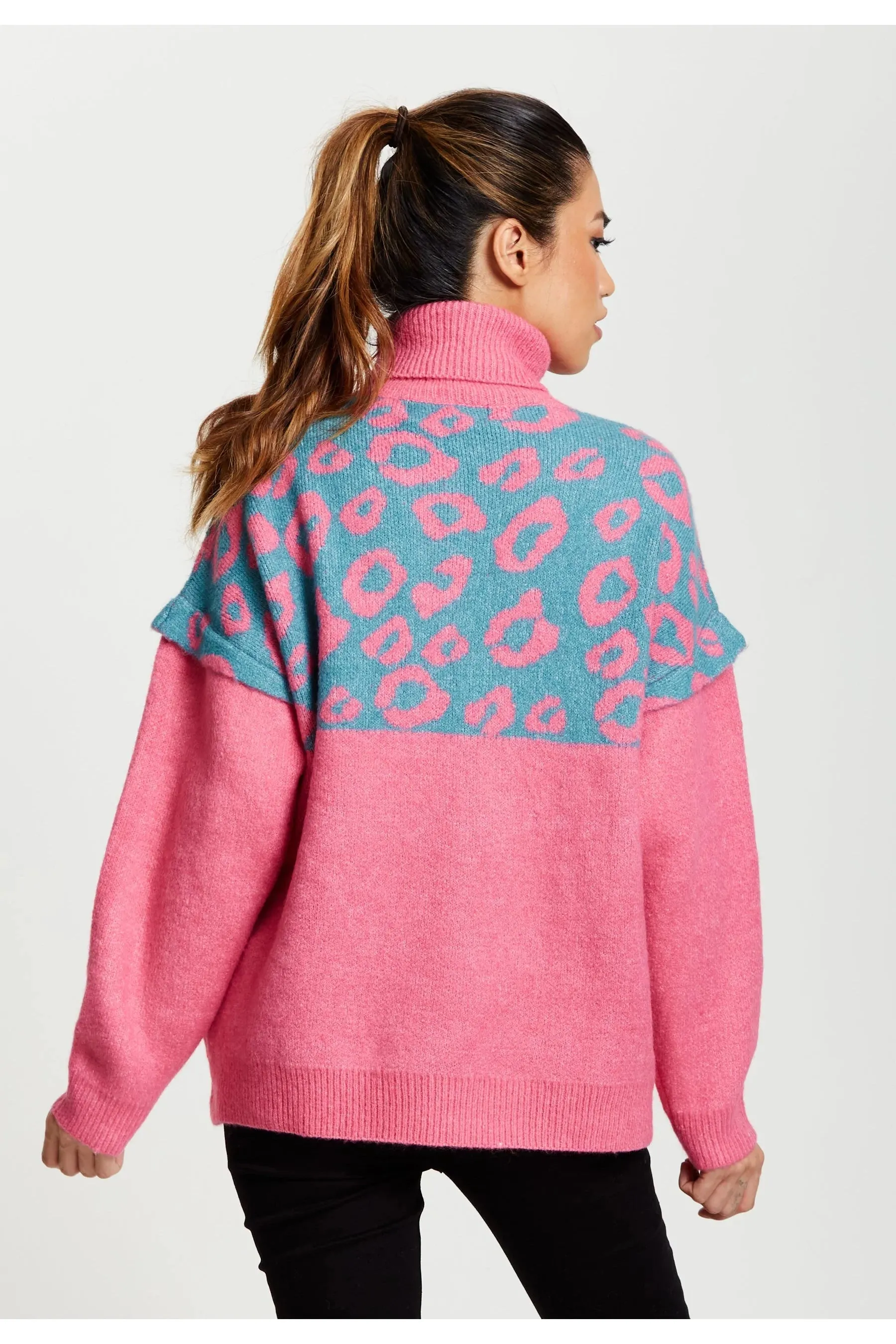 Liquorish Animal Pattern Roll Neck Jumper In Pink Turquoise