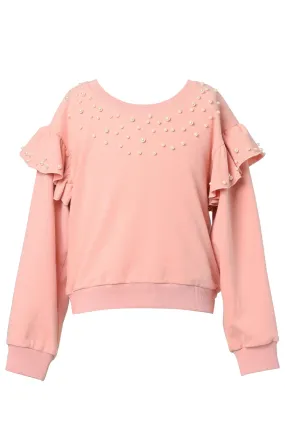 Little Girl's Athleisure Pearl & Ruffled Shoulder Crewneck Sweatshirt