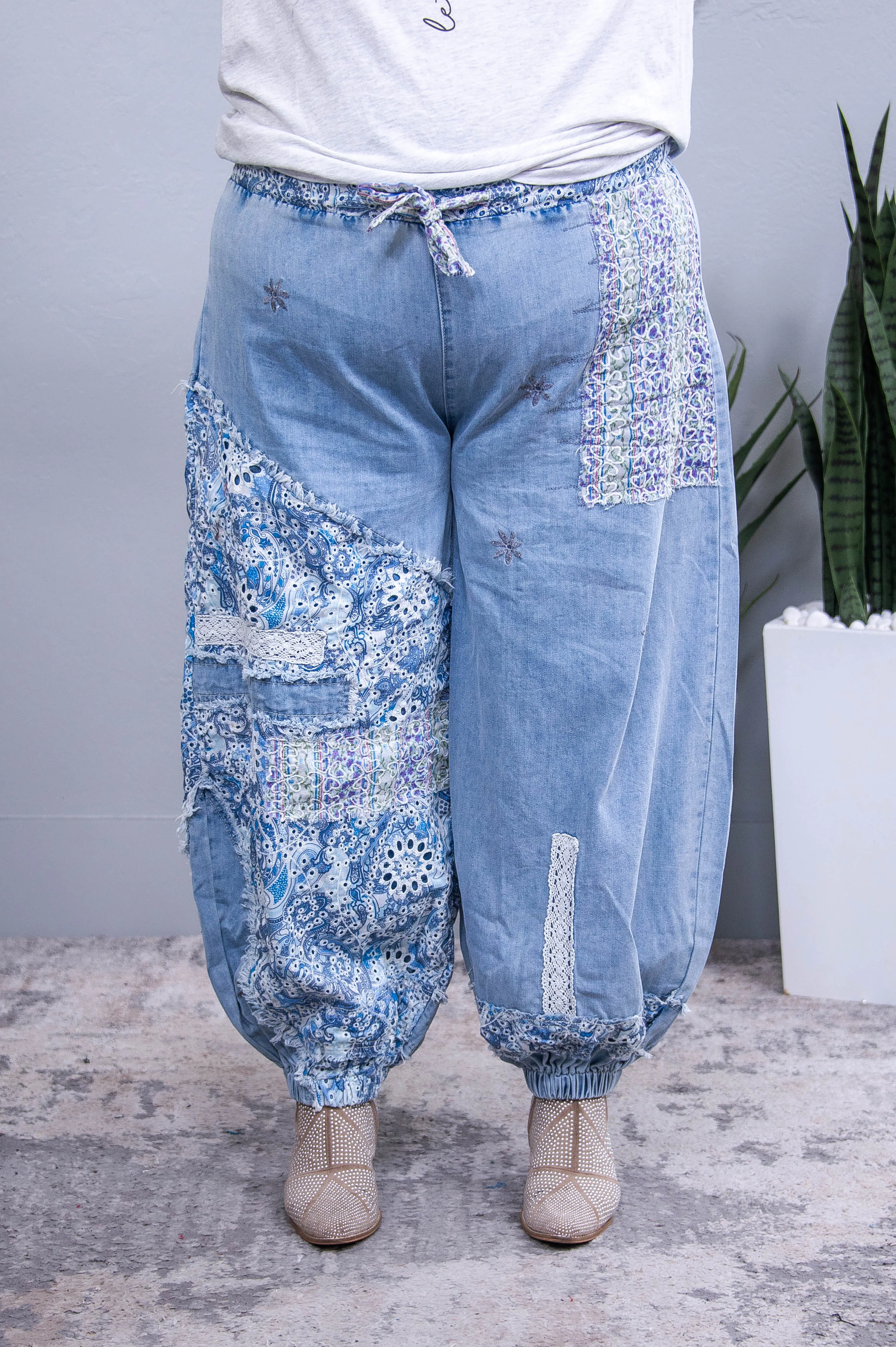 Love On The Brain Denim Multi Pattern Embroidered Pants - PNT1762DN