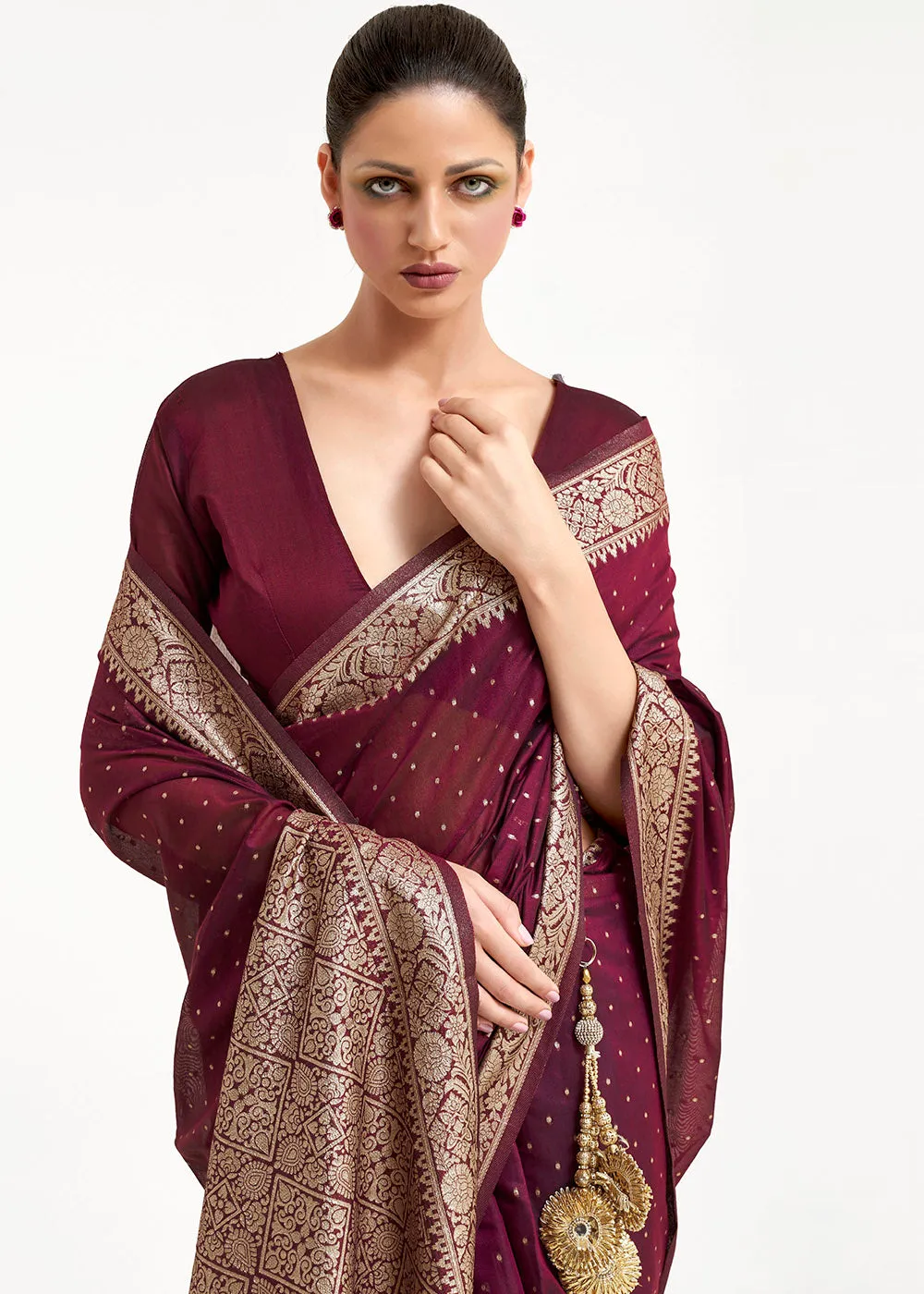 Mahagony Brown Woven Banarasi Silk Saree with overall Mukaish work